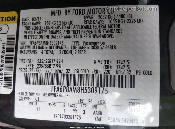 1FA6P8AM8H5309175 2017 FORD MUSTANG Black ძრავის განყოფილების ხედი