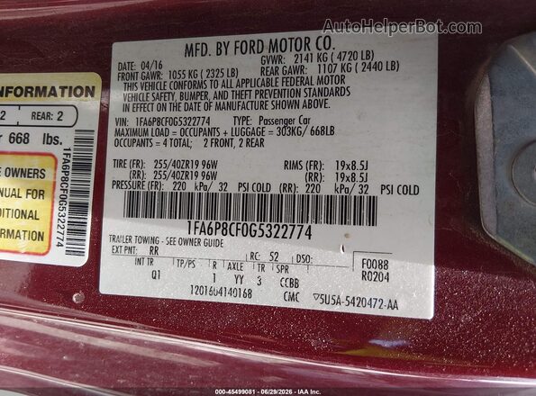 1FA6P8CF0G5322774 2016 FORD MUSTANG Burgundy ძრავის განყოფილების ხედი