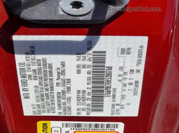 1FA6P8CF0H5280768 2017 FORD MUSTANG Red VIN sticker view