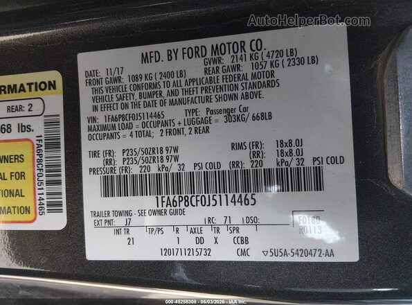 1FA6P8CF0J5114465 2018 FORD MUSTANG Серый Вид подкапотного пространства