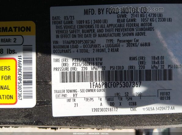 1FA6P8CF0P5307367 2023 FORD MUSTANG Черный Вид подкапотного пространства