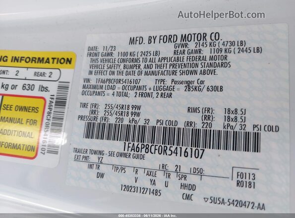 1FA6P8CF0R5416107 2024 FORD MUSTANG Белый Вид подкапотного пространства