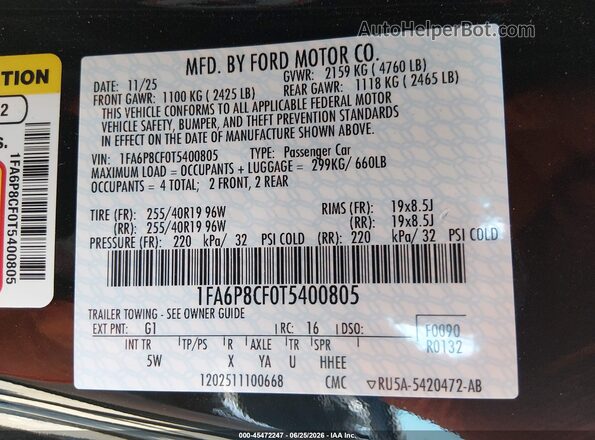1FA6P8CF0T5400805 2026 FORD MUSTANG Black Widok komory silnika