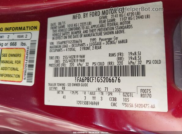 1FA6P8CF1G5206676 2016 FORD MUSTANG Red Vista del compartimento del motor