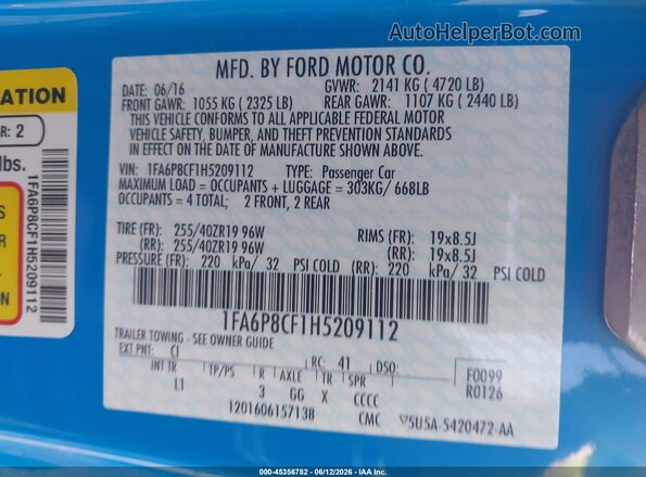 1FA6P8CF1H5209112 2017 FORD MUSTANG Blue ძრავის განყოფილების ხედი