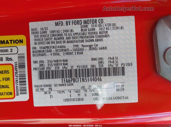 1FA6P8CF1N5144046 2022 FORD MUSTANG Красный Вид подкапотного пространства