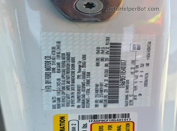 1FA6P8CF1R5401017 2024 FORD MUSTANG White VIN sticker view