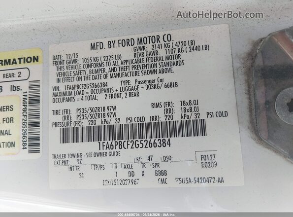 1FA6P8CF2G5266384 2016 FORD MUSTANG Белый Вид подкапотного пространства