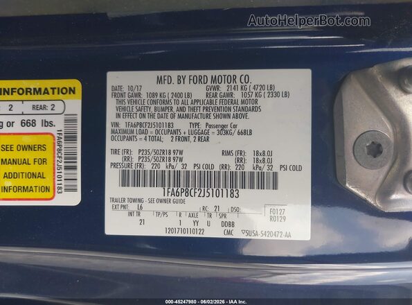 1FA6P8CF2J5101183 2018 FORD MUSTANG Blue Vista del compartimento del motor