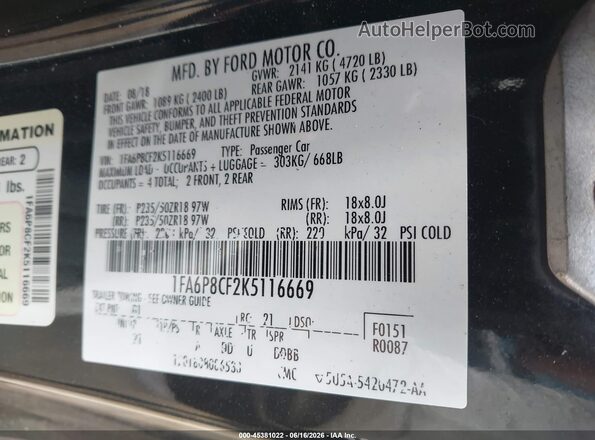 1FA6P8CF2K5116669 2019 FORD MUSTANG Black ძრავის განყოფილების ხედი