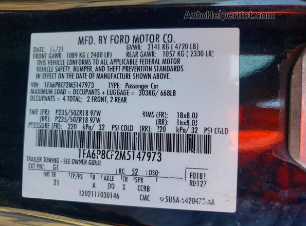 1FA6P8CF2M5147973 2021 FORD MUSTANG Черный Вид наклейки с VIN-кодом