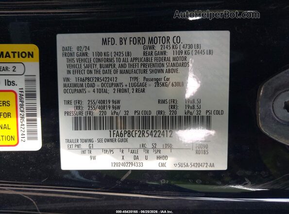1FA6P8CF2R5422412 2024 FORD MUSTANG Black Շարժիչի բաժամունքի տեսք
