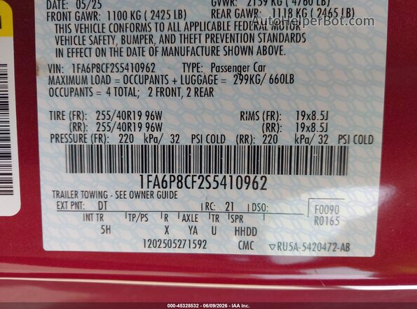 1FA6P8CF2S5410962 2025 FORD MUSTANG Красный Вид подкапотного пространства