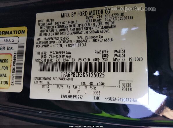 1FA6P8CF3K5125025 2019 FORD MUSTANG Black Շարժիչի բաժամունքի տեսք