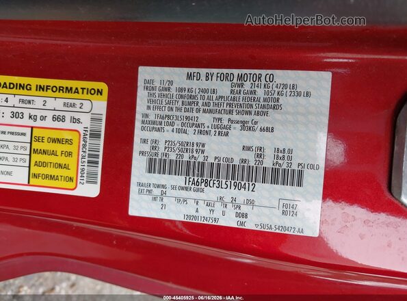 1FA6P8CF3L5190412 2020 FORD MUSTANG Red Շարժիչի բաժամունքի տեսք