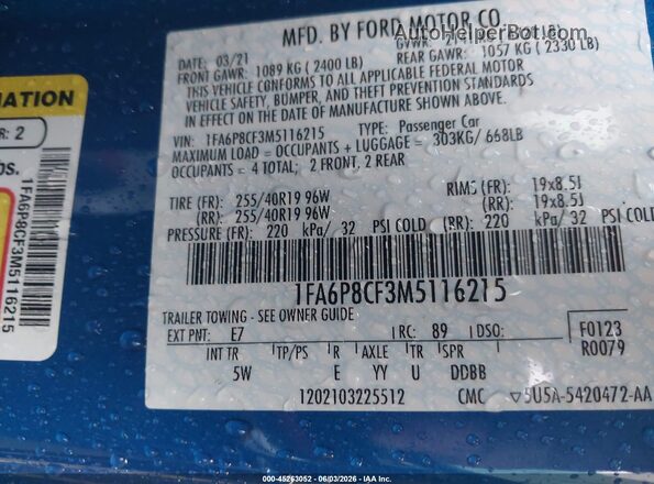 1FA6P8CF3M5116215 2021 FORD MUSTANG Blue Engine compartment view