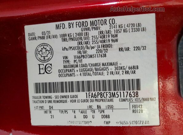 1FA6P8CF3M5117638 2021 FORD MUSTANG Burgundy 