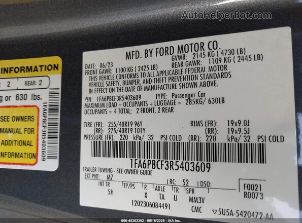 1FA6P8CF3R5403609 2024 FORD MUSTANG Серый Вид подкапотного пространства