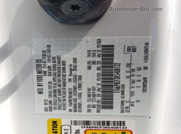 1FA6P8CF3R5408132 2024 FORD MUSTANG White Вид наклейки з VIN-кодом