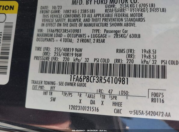 1FA6P8CF3R5410981 2024 FORD MUSTANG Black Engine compartment view