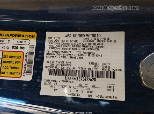 1FA6P8CF3R5422628 2024 FORD MUSTANG Blue Շարժիչի բաժամունքի տեսք
