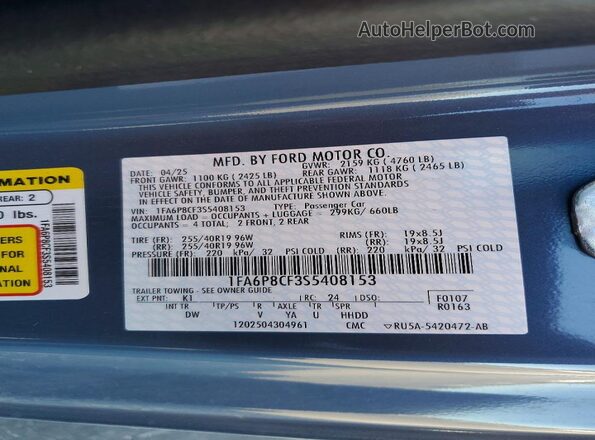 1FA6P8CF3S5408153 2025 FORD MUSTANG Blue Vista de la etiqueta del VIN