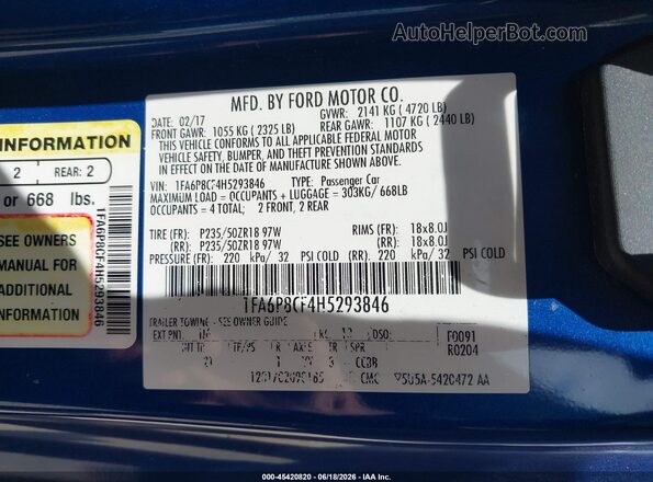 1FA6P8CF4H5293846 2017 FORD MUSTANG Blue Engine compartment view