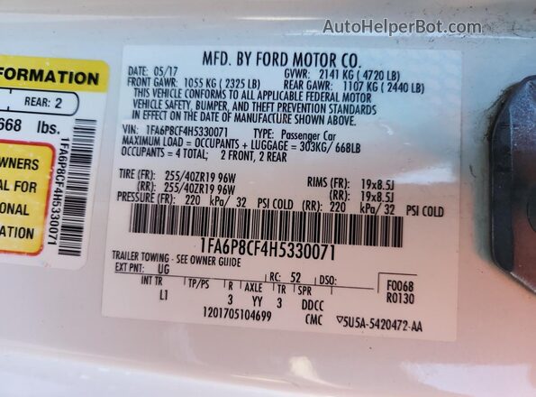 1FA6P8CF4H5330071 2017 FORD MUSTANG White Widok naklejki z numerem VIN
