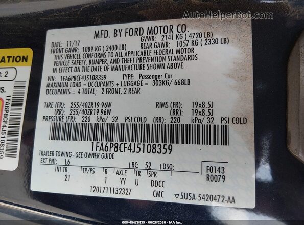 1FA6P8CF4J5108359 2018 FORD MUSTANG Dark Blue Vista del compartimento del motor