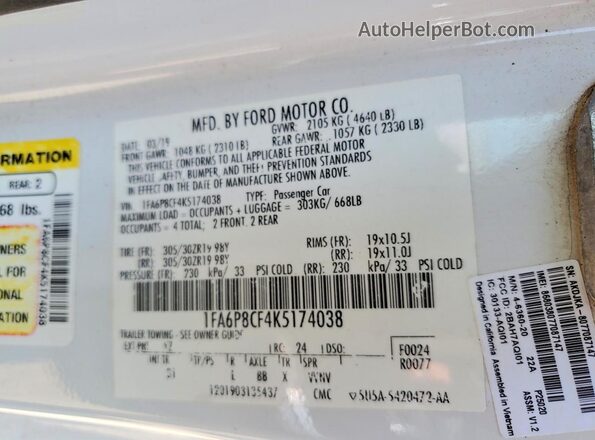 1FA6P8CF4K5174038 2019 FORD MUSTANG Purple VIN կոդի պիտակի տեսք