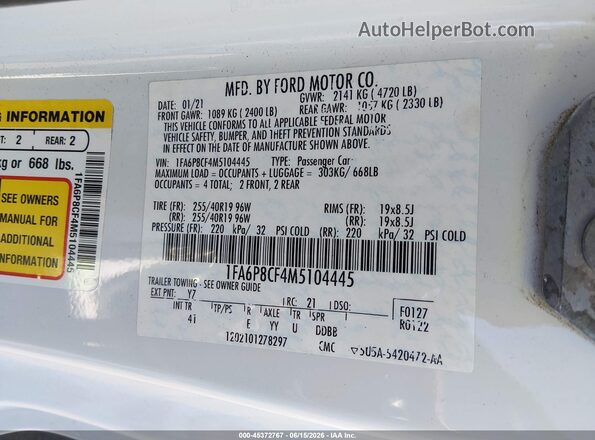 1FA6P8CF4M5104445 2021 FORD MUSTANG White Vista del compartimento del motor