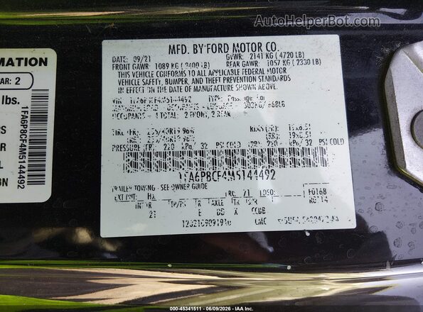 1FA6P8CF4M5144492 2021 FORD MUSTANG Черный Вид подкапотного пространства
