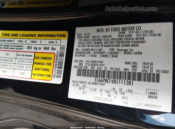 1FA6P8CF4N5111381 2022 FORD MUSTANG Black Շարժիչի բաժամունքի տեսք