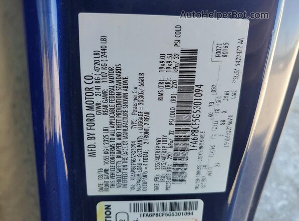 1FA6P8CF5G5301094 2016 FORD MUSTANG Blue Vista del compartimento del motor
