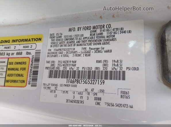 1FA6P8CF5G5327159 2016 FORD MUSTANG White Vista del compartimento del motor