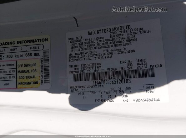 1FA6P8CF5K5120103 2019 FORD MUSTANG White Engine compartment view