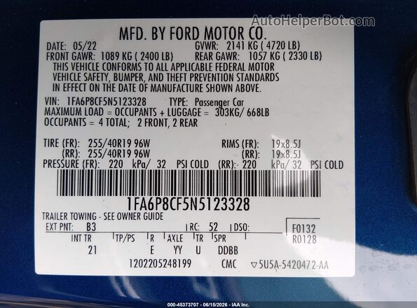 1FA6P8CF5N5123328 2022 FORD MUSTANG Blue Engine compartment view