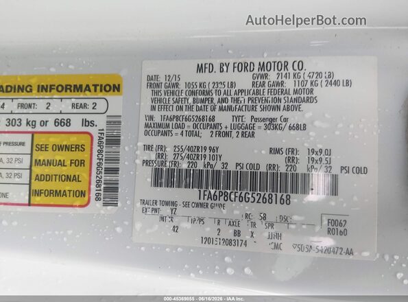 1FA6P8CF6G5268168 2016 FORD MUSTANG White Widok komory silnika
