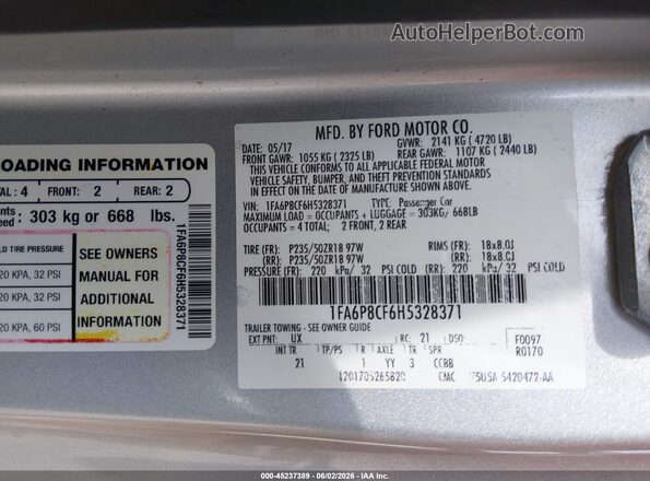1FA6P8CF6H5328371 2017 FORD MUSTANG Silver 