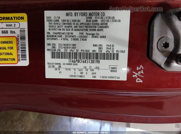 1FA6P8CF6K5138190 2019 FORD MUSTANG Red Vista del compartimento del motor
