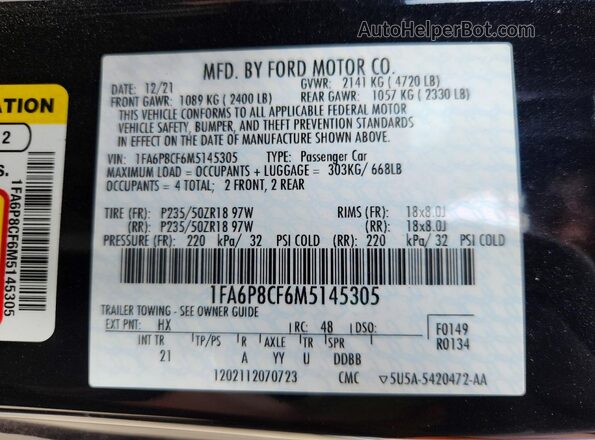 1FA6P8CF6M5145305 2021 FORD MUSTANG Blue 
