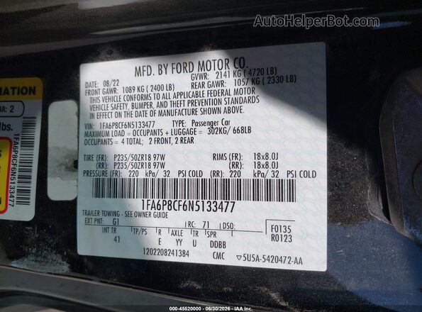 1FA6P8CF6N5133477 2022 FORD MUSTANG Black Widok komory silnika