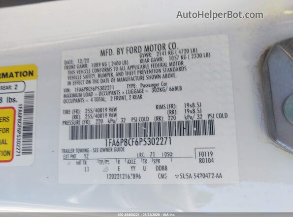 1FA6P8CF6P5302271 2023 FORD MUSTANG White Widok komory silnika