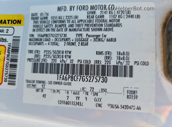 1FA6P8CF7G5275730 2016 FORD MUSTANG White Widok komory silnika