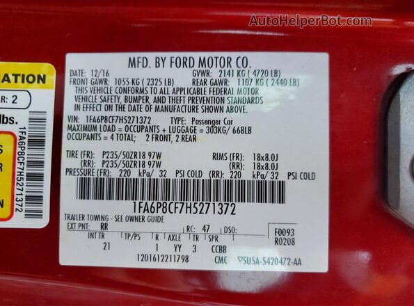 1FA6P8CF7H5271372 2017 FORD MUSTANG Red Widok komory silnika