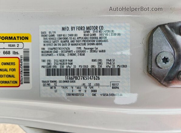 1FA6P8CF7K5147626 2019 FORD MUSTANG Белый Вид наклейки с VIN-кодом