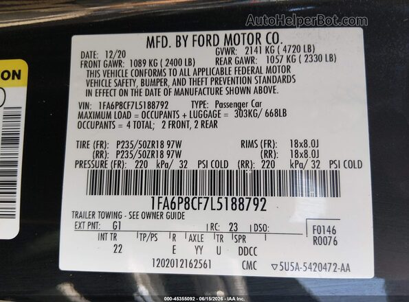 1FA6P8CF7L5188792 2020 FORD MUSTANG Black Вид підкапотного простору