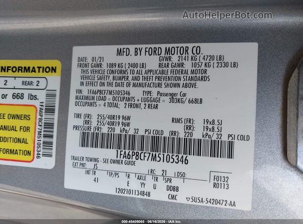 1FA6P8CF7M5105346 2021 FORD MUSTANG Серебряный 