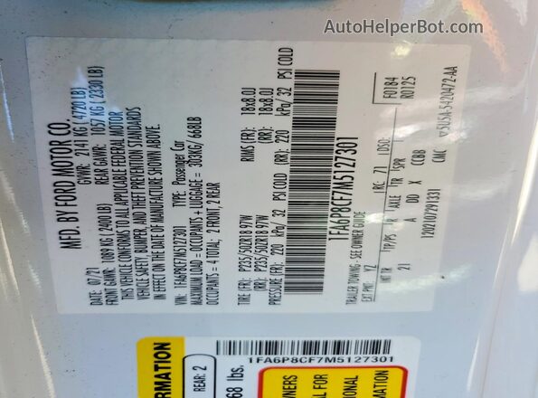 1FA6P8CF7M5127301 2021 FORD MUSTANG White Vista del compartimento del motor