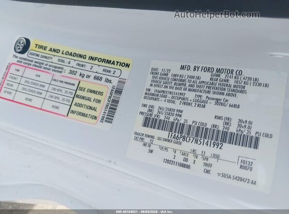 1FA6P8CF7N5141992 2022 FORD MUSTANG White Widok komory silnika